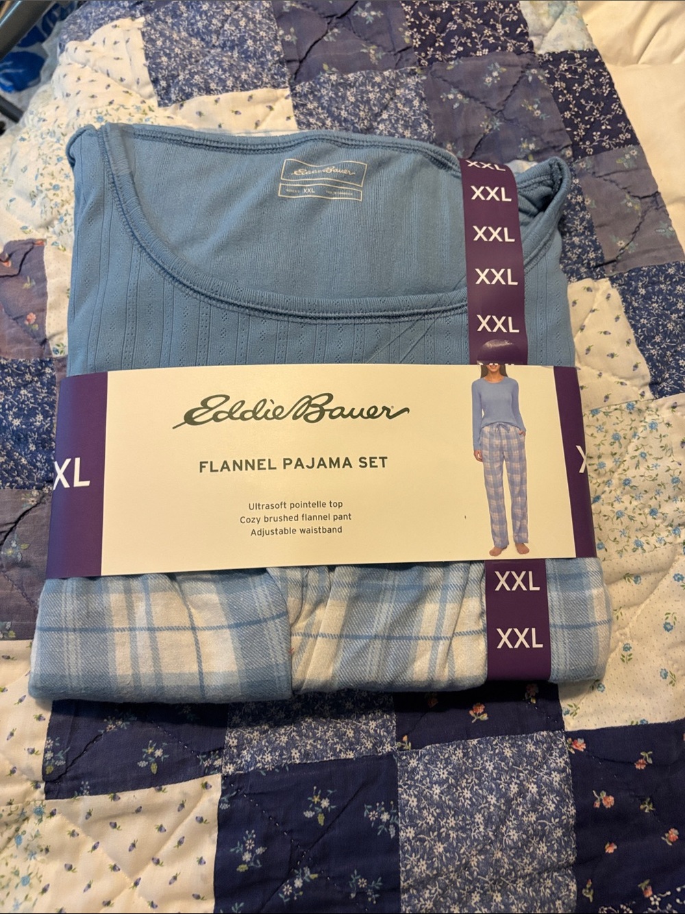 Eddie Bauer Blue Pointelle Top & Plaid Flannel Pajama Set